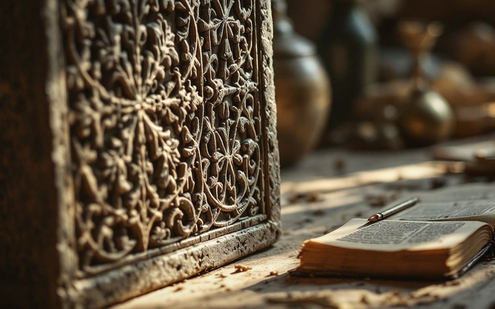 Carved stone interlace, macro in side light