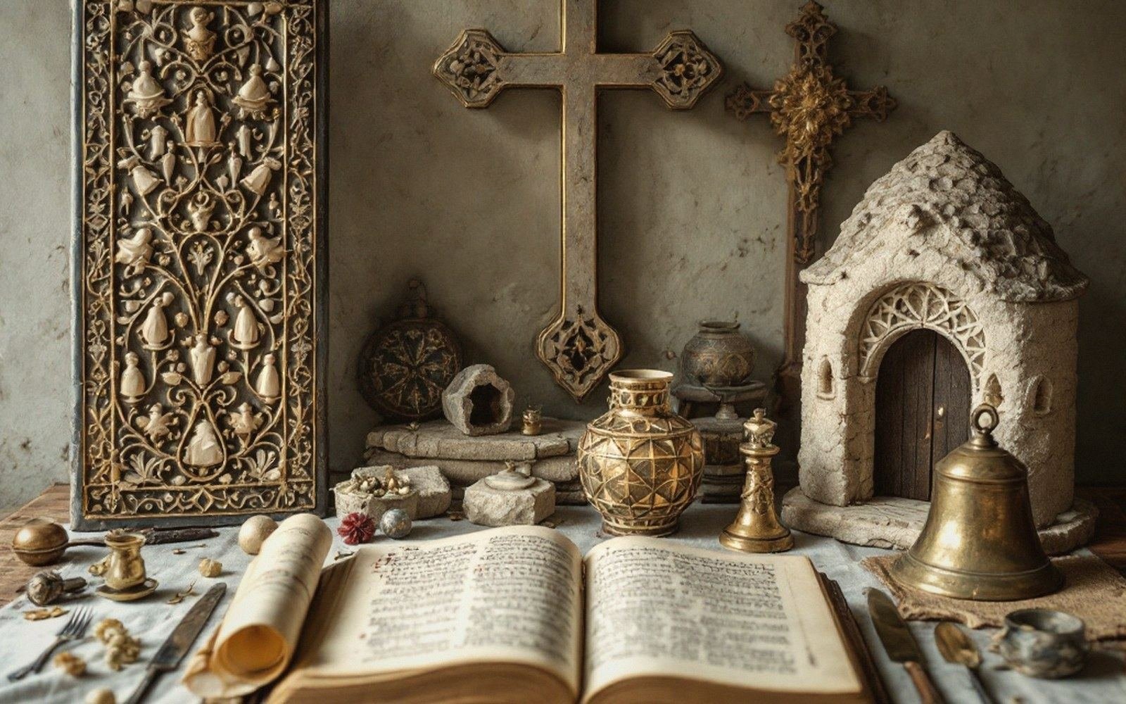 Ornate crosses, a bell, pottery, and an open manuscript arranged beside a stone shrine