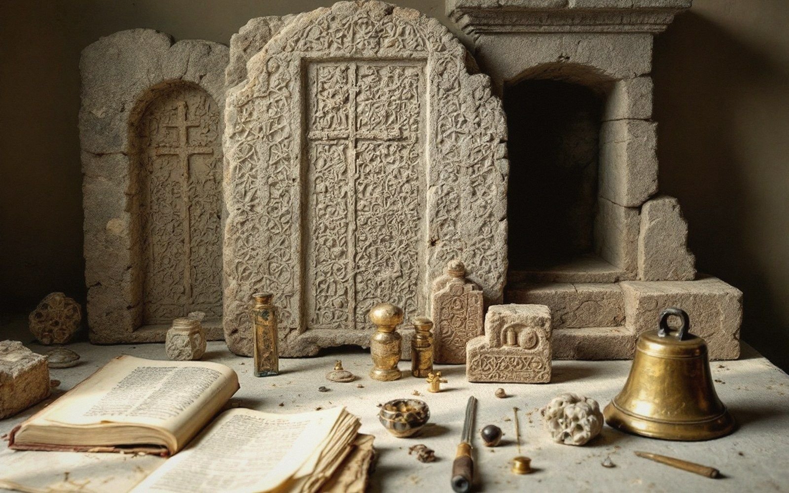 Carved stone crosses displayed with an open manuscript, brass bell and small artifacts