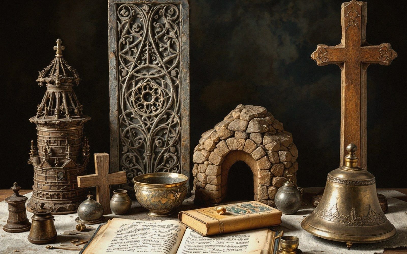 A wooden cross, brass bell, carved stone panel, and old books arranged on a table