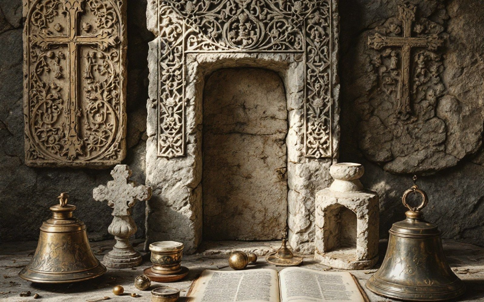 Carved stone crosses and doorway flanked by bronze bells and an open book