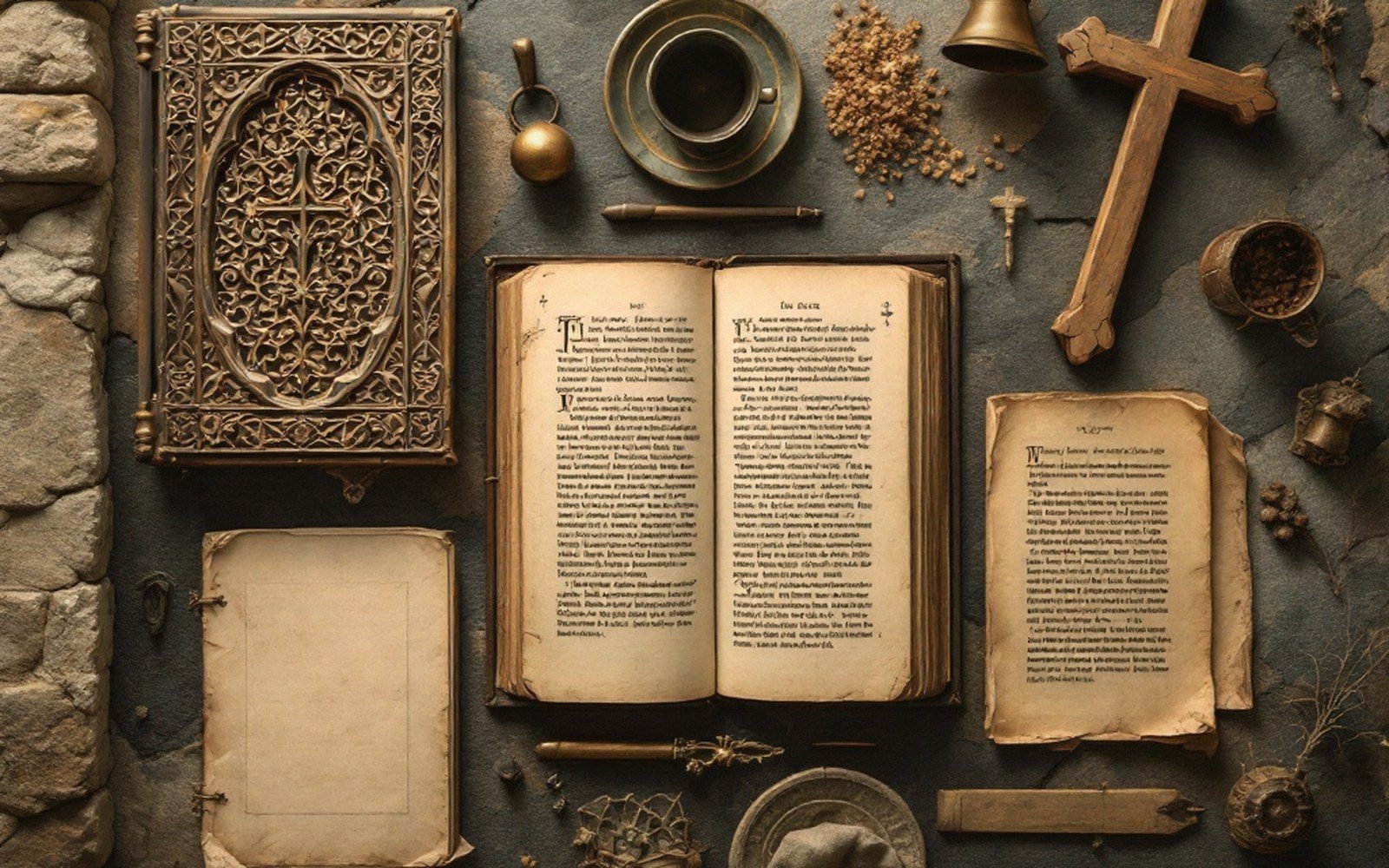 An open manuscript book flanked by an ornate cover, wooden cross, bell and loose parchment pages
