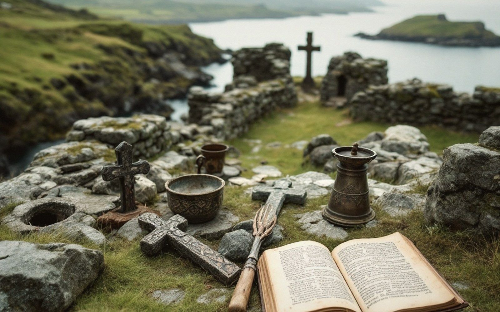 Stone crosses, bowls and an open book lie among ruins on a coastal cliff
