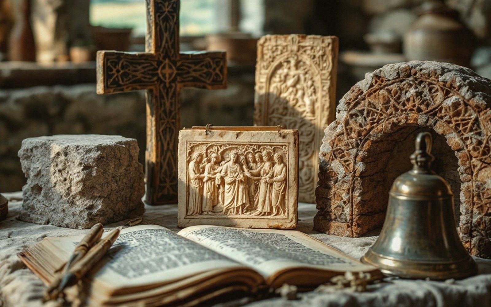 Carved stone crosses and relief panels arranged beside an open manuscript and bronze bell