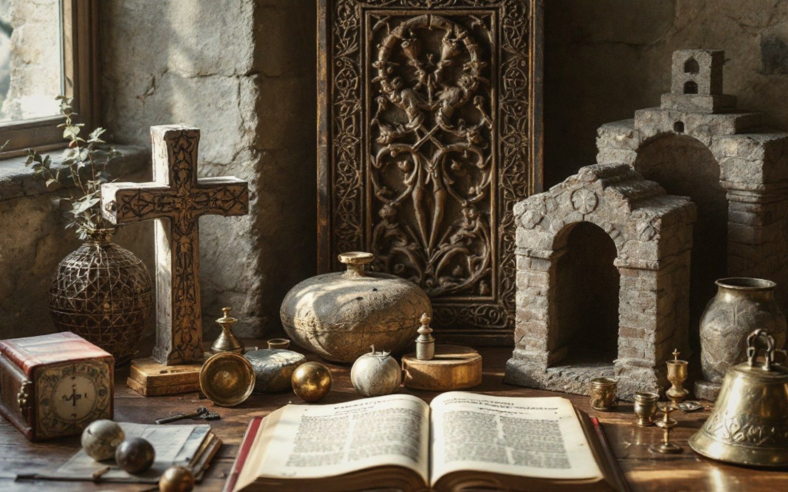 A wooden cross, carved panel and stone arch model surround an open manuscript on a table