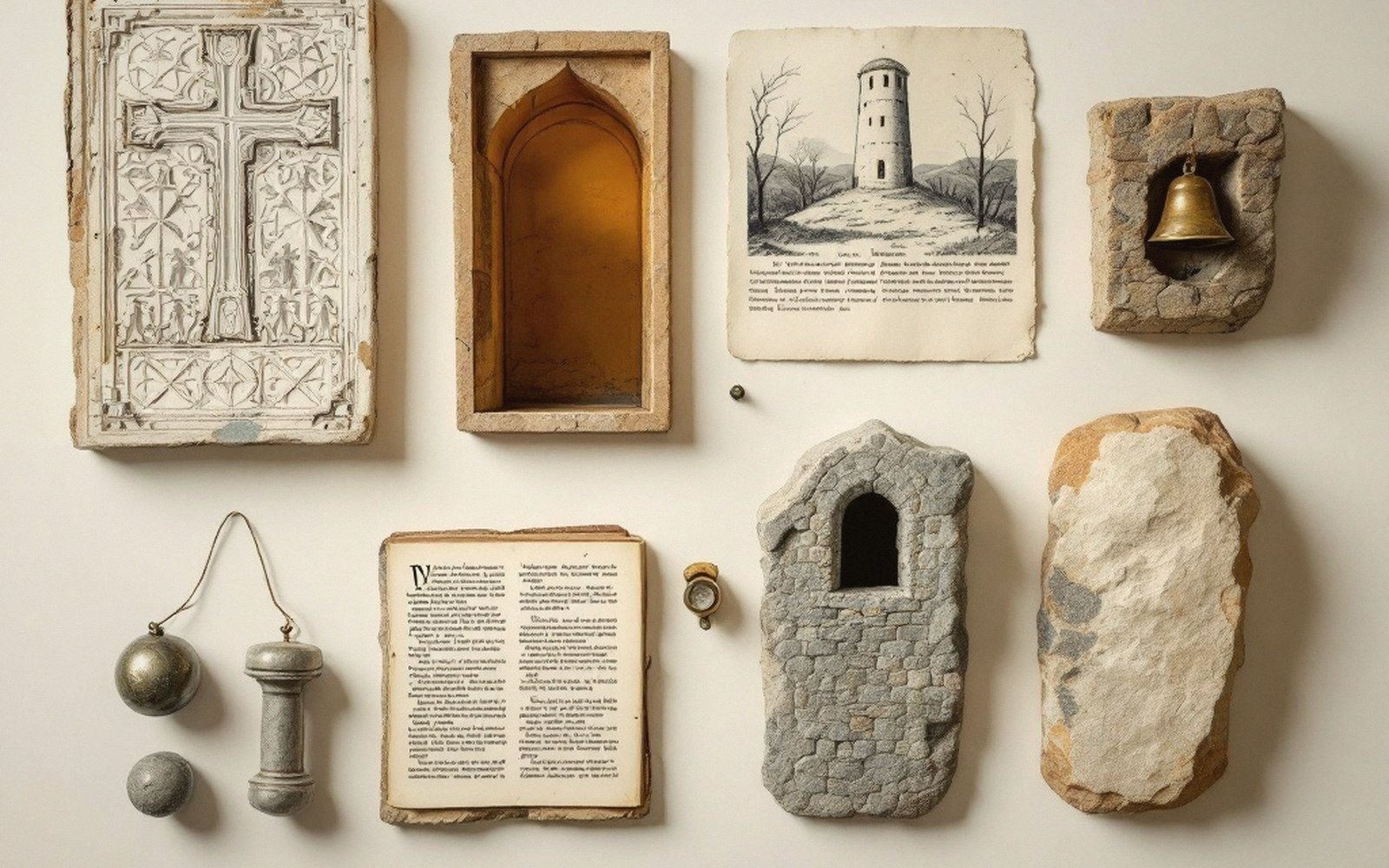 Flat lay of a carved cross panel, tower engraving, old book, stone niche and small bell