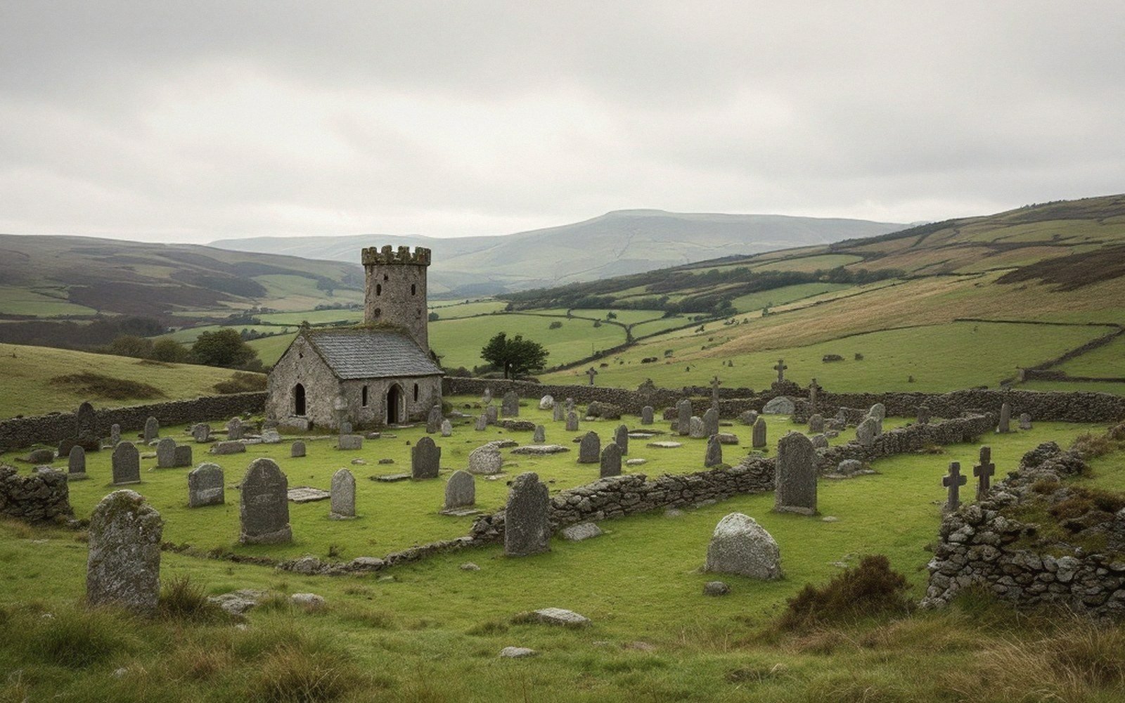 Stone church with crenellated tower surrounded by a hillside graveyard and dry stone walls
