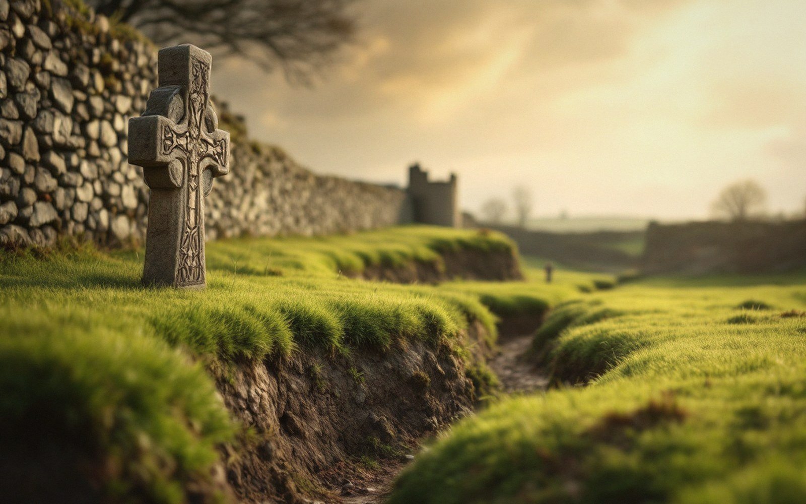 A carved stone Celtic cross beside a grassy earthen bank and stone wall