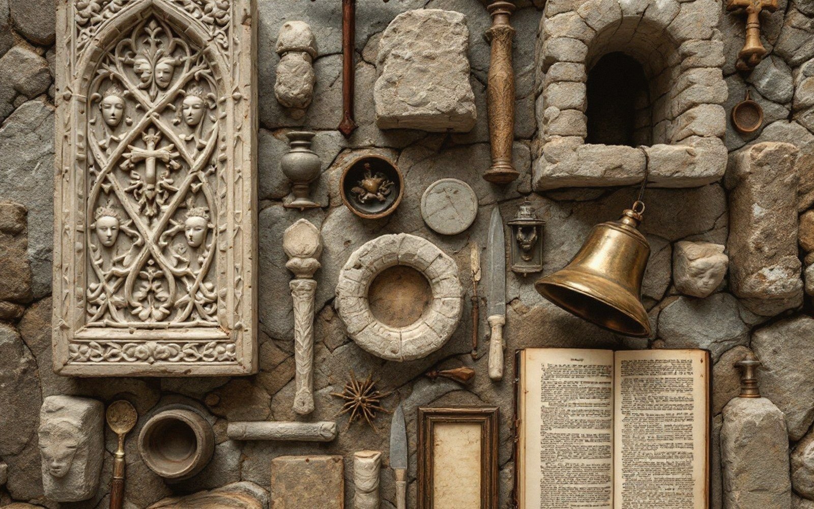 Carved stone panel, brass bell, knife and open book arranged against a rough stone wall