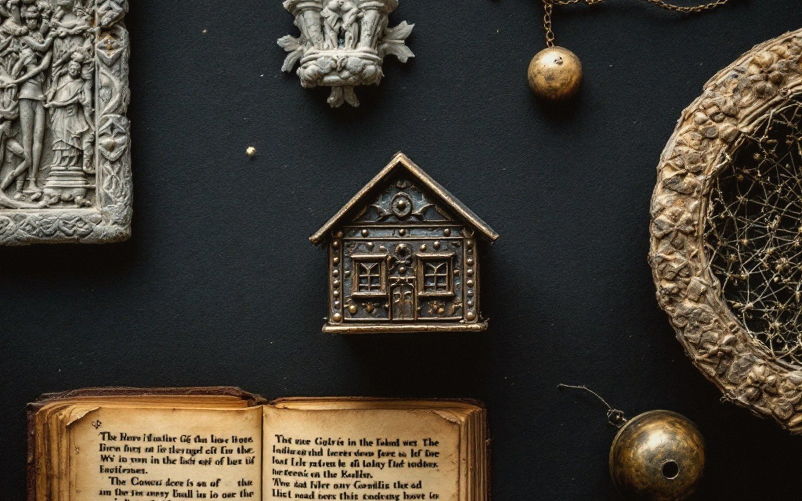 Small metal house-shaped reliquary arranged with an open book, carved plaque and pendants