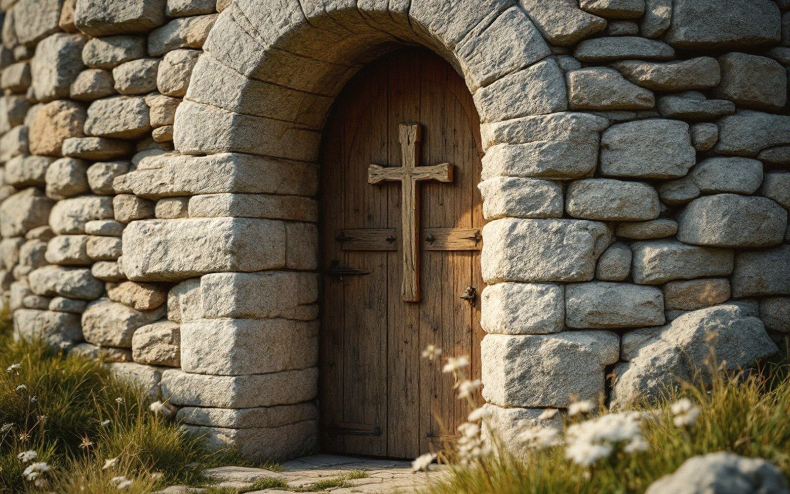 Wooden arched door with a cross carved into it, set into a thick stone wall